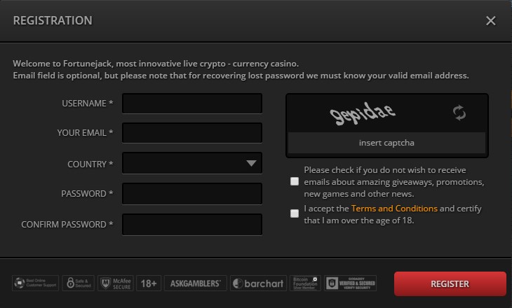 Fortunejack.com registration