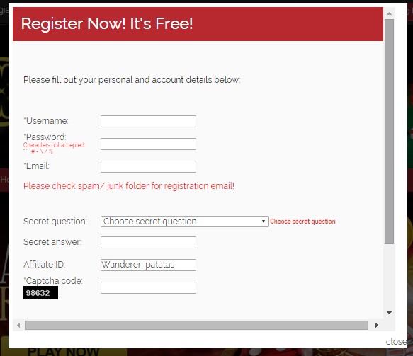 Lucky BTC Casino Register Page