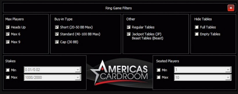Americas Cardroom New Ring Filters